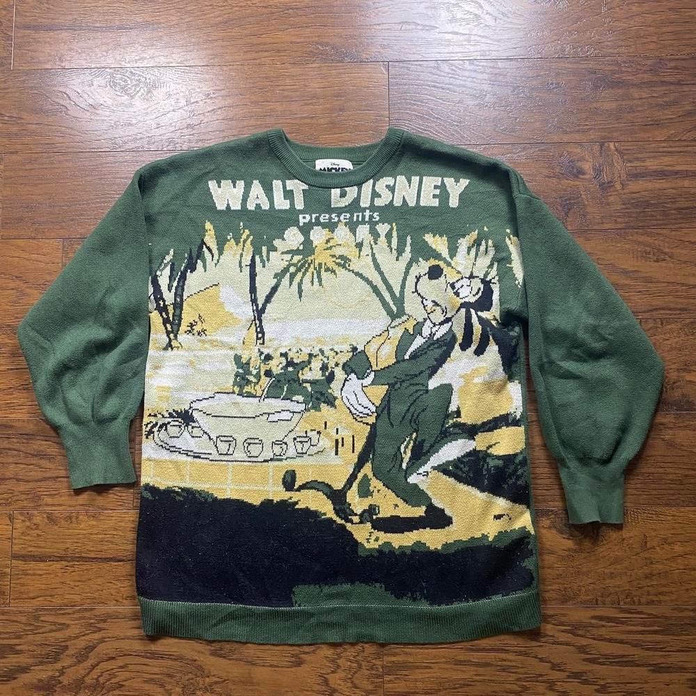 Disney Mickey Mouse Goofy Intarsia Knit Sweater Green Large Walt Disney Presents